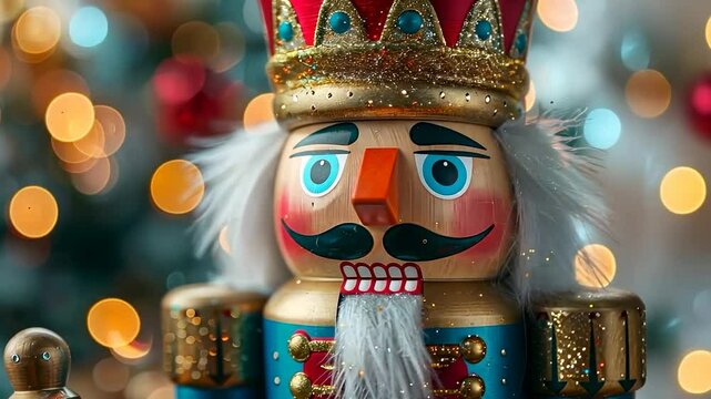 A festive wooden nutcracker soldier, symbolizing Christmas tradition and holiday cheer, often used as a decorative piece during the winter season.