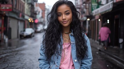 Fototapeta premium Urban street portrait of young woman with long hair