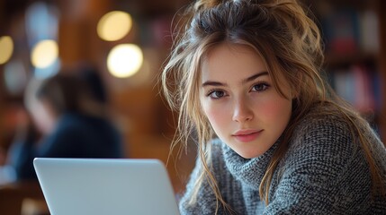 Elegant Young Woman Works on Laptop in Library Smiling Softly Studying with Focus and Determination
