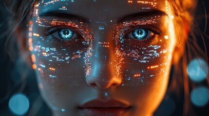 Futuristic Portrait of a Woman with Digital Data Overlay Exploring Artificial Intelligence Concept