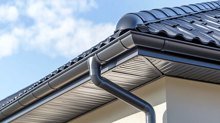 Exterior view of a house with dark roofing, rain gutters, soffit, and a section of the wall with a backdrop of a blue sky. The roof shows the detailed structure of the tiles.