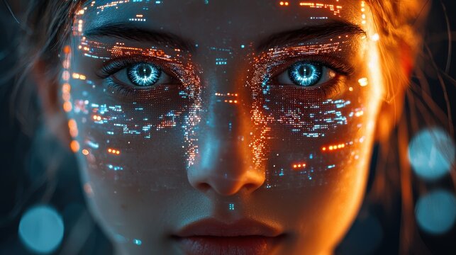 Futuristic Portrait of a Woman with Digital Data Overlay Exploring Artificial Intelligence Concept