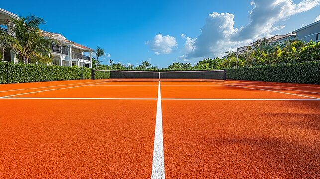 outdoor tennis court with a bright orange surface and a net, professional sports field with white lines, empty recreational area for training, competition, or exercise in a peaceful environment