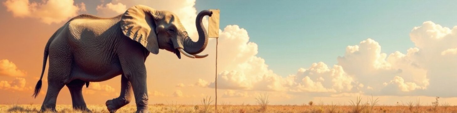 Un ?l?phant griffe avec un panneau blanc attach? ? son dos, el?phant, m?choire, ?cureuil