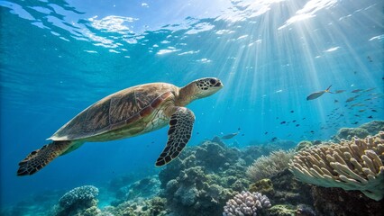 Obraz premium Close-up of a turtle swimming in a clear blue ocean, vibrant coral reefs below, small fish nearby, sunrays filtering through the water. Ultra-detailed, high-resolution 8K.