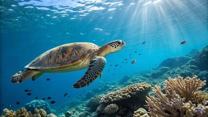 Obraz premium Close-up of a turtle swimming in a clear blue ocean, vibrant coral reefs below, small fish nearby, sunrays filtering through the water. Ultra-detailed, high-resolution 8K.