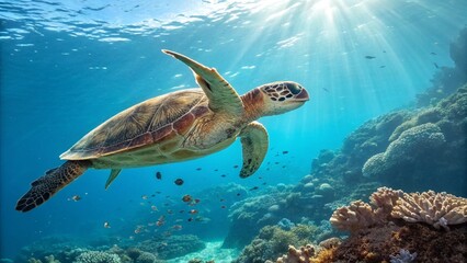 Obraz premium Close-up of a turtle swimming in a clear blue ocean, vibrant coral reefs below, small fish nearby, sunrays filtering through the water. Ultra-detailed, high-resolution 8K.