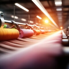 Innovative textile manufacturing process in a minimalist factory setting with vibrant thread colors weaving fabric