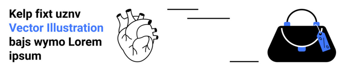 Anatomical heart sketch linked to black handbag with blue accents using abstract lines. Ideal for fashion, modern art, anatomy, branding, design metaphor, healthcare, flat landing page banner