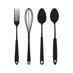 kitchen utensils, black silhouettes, minimalist design, fork, whisk, spoon, ladle, cooking tools 