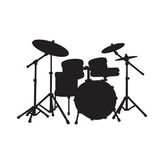 drum kit silhouette, stylized musical instrument, black and white illustration 