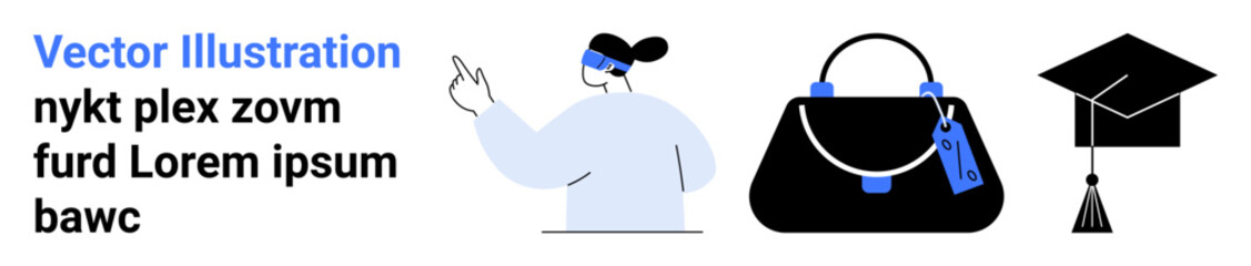 Woman gesturing with confidence, stylish handbag with price tag, and symbolic graduation cap. Ideal for education, e-commerce, retail, personal development, fashion, academia flat landing page