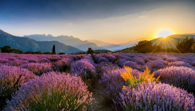 Lavender Fields of Pampore at Sunset in Srinagar, jammu and Kashmir, India