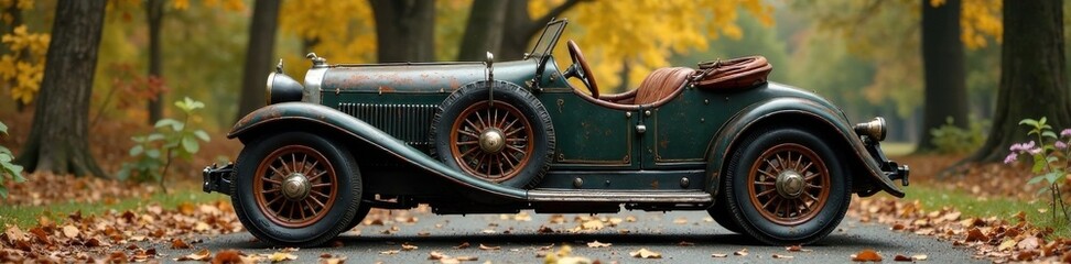 Fototapeta premium Vintage classic car with wooden wheels and distressed leather interior , car, old, interior