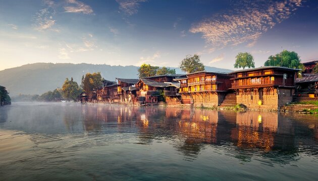 Traditional Kashmiri Wooden Houses by the Jhelum River in Srinagar, jammu and Kashmir, India