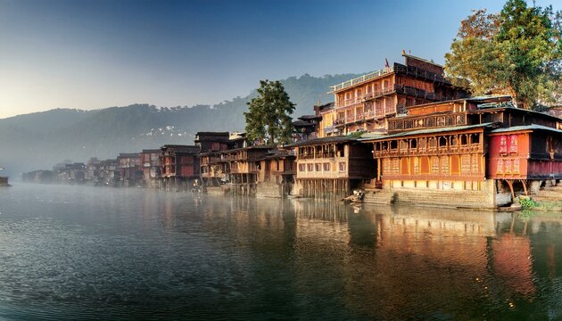 Traditional Kashmiri Wooden Houses by the Jhelum River in Srinagar, jammu and Kashmir, India