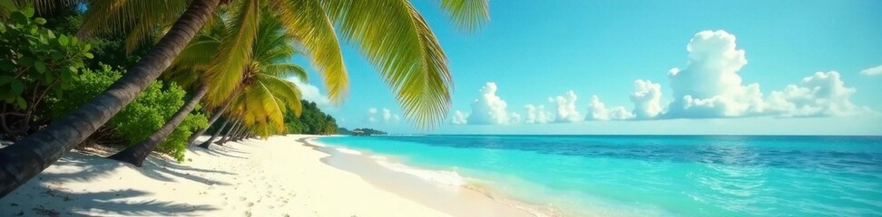 Vintage toned film effect on a sandy ocean beach with swaying palm trees and clear blue water , beach, ocean