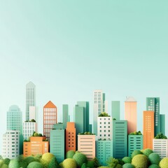 Eco-friendly cityscape with energy-efficient skyscrapers and abundant green rooftops