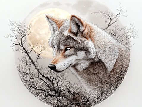 Wolf Portrait at Night, Circle Frame, Moonlit Forest
