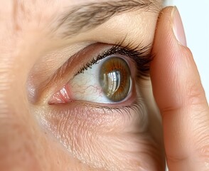Close up of Irritated Adult Eye with Redness and Pink Fluid on White Background