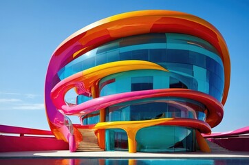 Futuristic modern abstract architecture office building design with flowing shapes and vibrant colors in an urban setting during daylight.