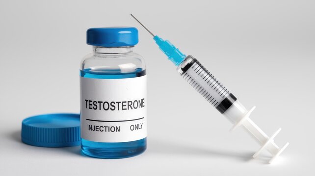 Syringe and vial with blue testosterone injection solution nearby