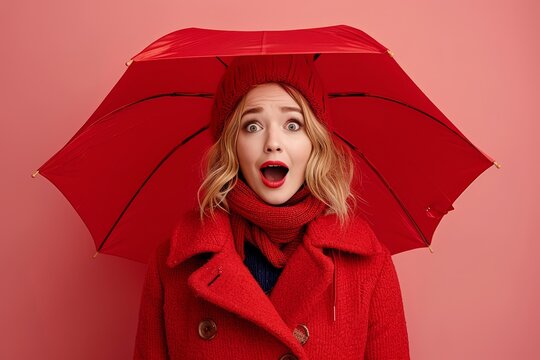 A young woman feeling shocked and scared, seeking shelter under an umbrella in a tense moment.
