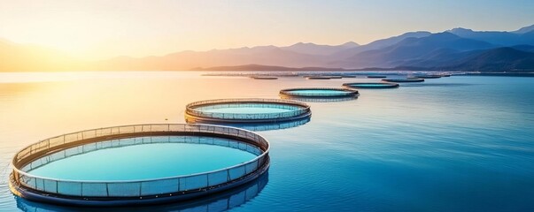 Floating AI-powered farms in the ocean producing sustainable seafood, future aquaculture