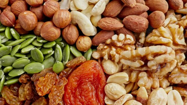 Assortment of dried fruits and nuts rotating. Healthy food concept. Dolly zoom out. Natural food background. Mixed dried fruit nuts on plate. Mix of snacks. Top view. Close-up in 4K, UHD