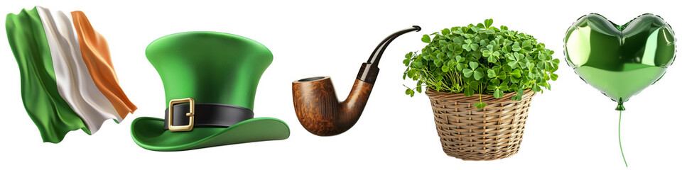 Naklejka premium png set St. Patrick’s Day Celebration Elements – Pot of Gold, Leprechaun Hat, Bow Tie, Party Hat, and Green Beer