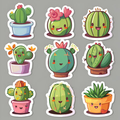 Fototapeta premium Adorable Cartoon Cactus Collection. Cute Succulents and Desert Plants