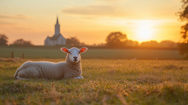 Content sheep resting in meadow at sunset, peaceful rural scenery