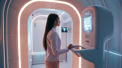 A futuristic health screening booth where an AI-powered scanner performs a full-body check-up, providing instant reports and recommendations to the user.
