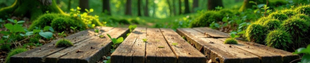 Fototapeta premium Weathered wooden planks on a moss-covered forest floor, decay, nature, wood