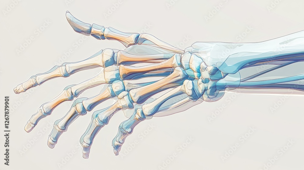 Poster detailed anatomical illustration of a human hand showcasing bone structure and joint articulation. g