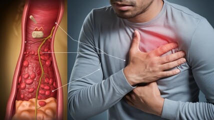 Man experiencing chest pain due to blood vessel blockage