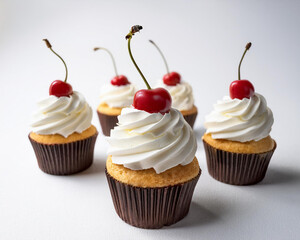 Bright and Enticing Gourmet Cupcakes with Rich Whipped Cream and Rich Cherries on Top Displayed Creatively on a Pure White Background