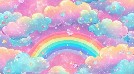 Naklejka premium Cute rainbow clouds fantasy background; kids, pattern, wallpaper