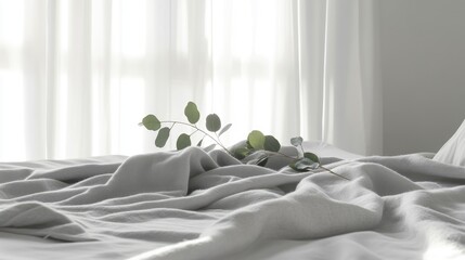 Tranquil bedroom scene with soft linens and eucalyptus on sunlit bed. Sleepmaxxing, good sleep practices, sleep hygiene