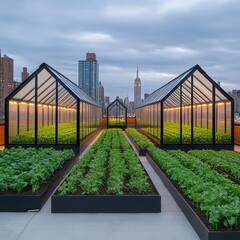 Futuristic urban greenhouses transforming city rooftops into productive farmland