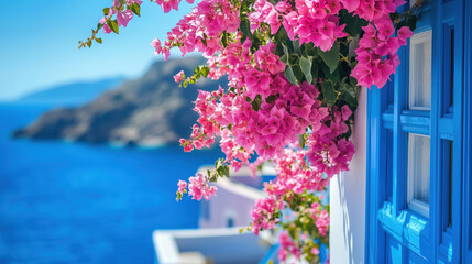 Close-up of pink bougainvillea flowers with bright blue ocean in the background