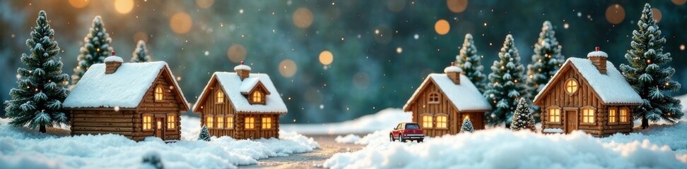 Wooden Christmas village scenes decorated with snow and trees, Christmas town, holiday theme