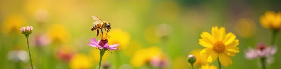 Yellow bee flies over colorful flowers in a sunny meadow, flowers, garden, yellow