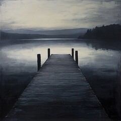 Naklejka premium Serene Lake Landscape: Tranquil Dock and Misty Horizon