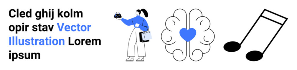 Woman standing with cup and clipboard, heart within brain graphic, and music notes. Ideal for creativity, mental health, education, communication, teamwork self-care and lifestyles. Flat landing