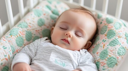 Close-up of Sleeping Baby Face in Crib Surrounded by Soft Bedding, Newborn baby sleeps in crib concept.
