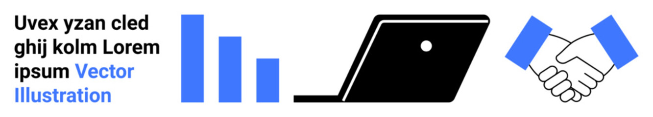 Laptop and bar chart for data review, handshake for teamwork and collaboration. Ideal for business strategy, networking, analytics, partnerships, growth, professional services success. Abstract line