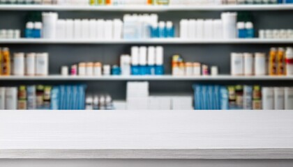 empty white table with pharmacy shelves in background product display mockup template