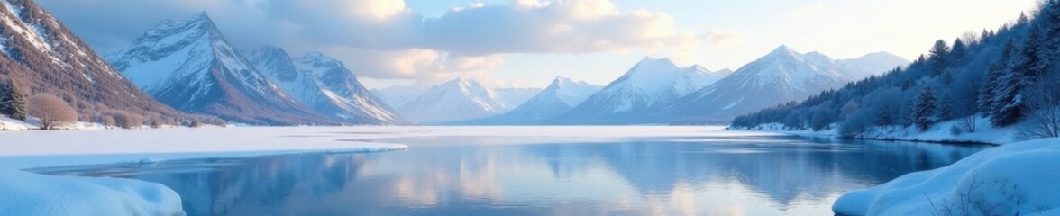Fototapeta premium A frozen lake with snow-covered mountains in the background, serene, winter, frosty
