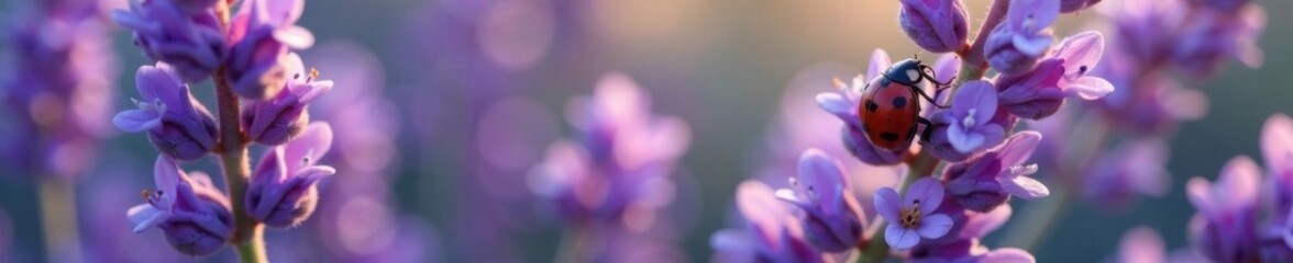 Fototapeta premium A ladybug nestled among lavender flowers, soft colors and intricate patterns, calming, lavender, nature